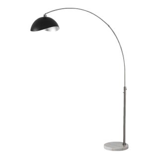 1960s Luna Bella 92" Floor Lamp in Matte Black/Silver Mid Century Modern, White Marble Base, Dimmable For Sale