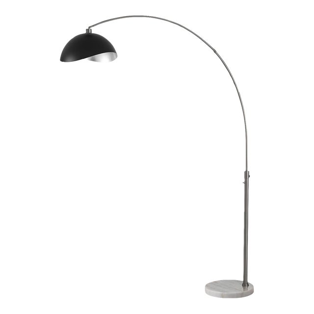 1960s Luna Bella 92" Floor Lamp in Matte Black/Silver Mid Century Modern, White Marble Base, Dimmable For Sale