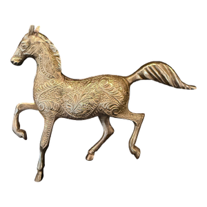 Vintage Brass Horse Statue Engraved Floral Scrollwork Decor Figurine 7” Gorgeous