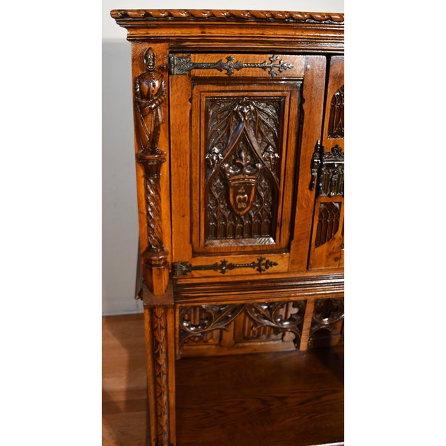 Wood 1900 Antique Gothic Revival Heavily Carved Tiger Oak Cabinet For Sale - Image 7 of 17