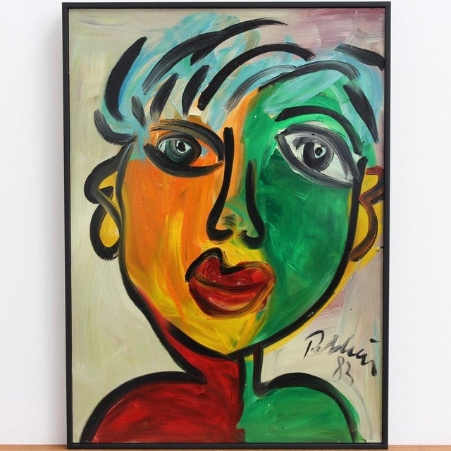 Portrait of a woman with short hair', oil on board, by peter robert keil (1983). A wide-eyed woman gazes out to the viewer...