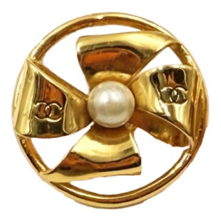 Chanel Vintage Gold Plated Windmill Pearl Clip on Earrings, A Pair For Sale