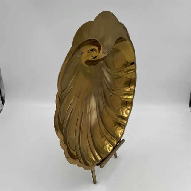 Mid 20th Century Vintage XL 14" Wide Brass Scallop Shell Tray, Platter, or Wall Decor For Sale - Image 5 of 11