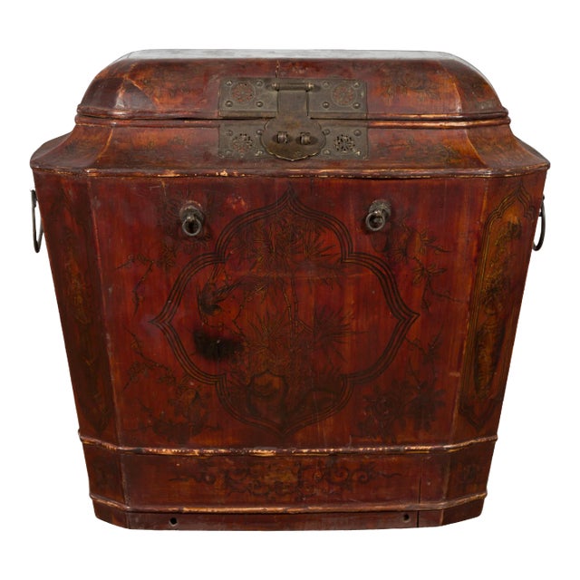 Chinese Qing Dynasty Red Lacquer & Hand-Painted Décor Wedding Chest For Sale