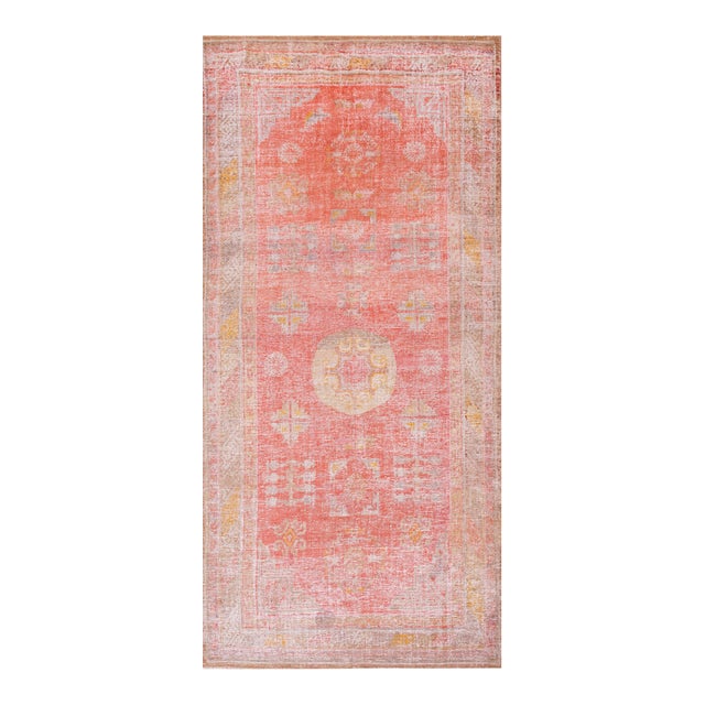 1920s Salmon Medallion Modern Antique Chinese Khotan Hand Knotted Rug 5'7" X 12'3" Wool Carpet For Sale