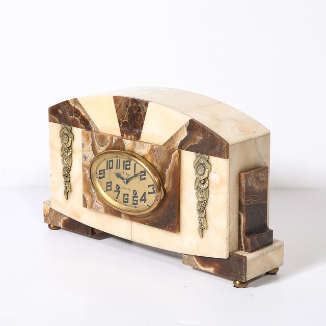 Art Deco Mantlepiece Clock in Tessellated Ice Sugar & Cream Onyx W/ Gilt Bronze For Sale - Image 10 of 15