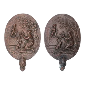 1800's Pair of French Bronze Wall Plaques With Maiden and Cherub Scene