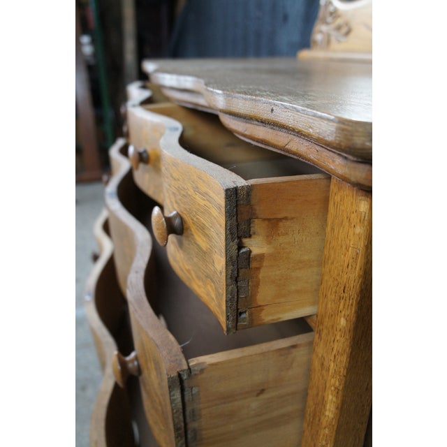 Wood Antique Victorian Quartersawn Oak Serpentine Oxbow Dresser & Mirror Washstand For Sale - Image 7 of 12