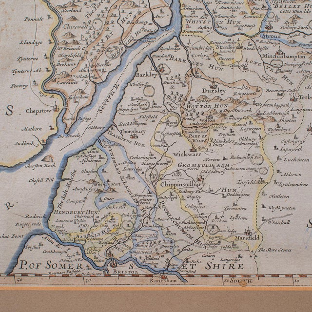 Antique Framed Gloucestershire Map, English Atlas Engraving, Cartography, c.1700 For Sale - Image 9 of 12
