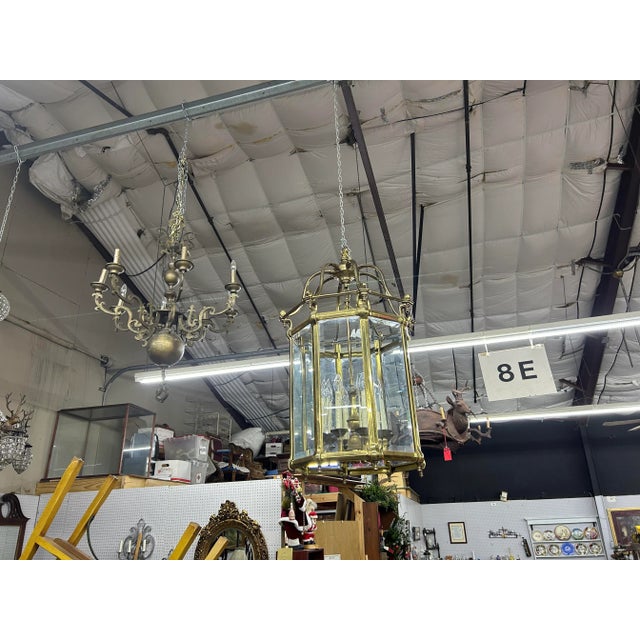 Neoclassical Large 1960s Italian Brass and Glass Lantern For Sale - Image 3 of 12