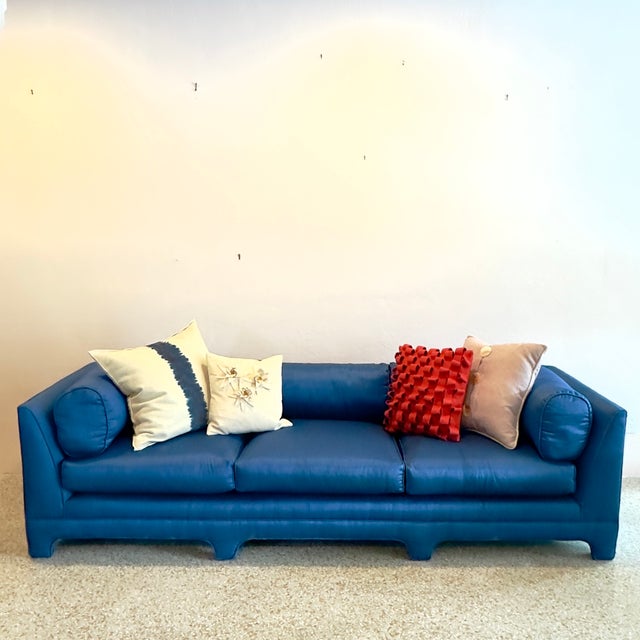 1980s Art Deco Chinoiserie Style Royal Blue Allover Upholstered 3-Seater Sofa For Sale - Image 14 of 16