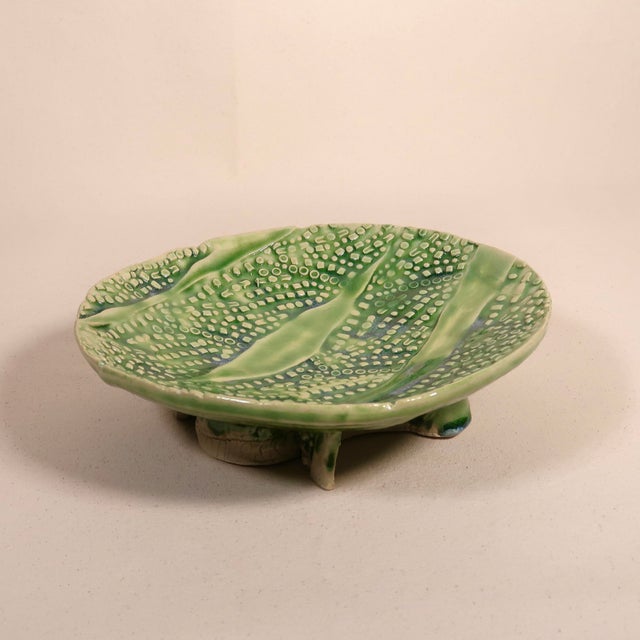 Late 20th Century Signed Wabi Sabi Studio Pottery Sculptural Green Abstract Pattern Textured Pedestal Bowl For Sale - Image 9 of 16