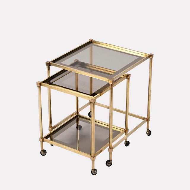 Brass Mirrored Border Nesting Tables with Glass Top from Maison Jansen, 1970s, Set of 2 For Sale - Image 11 of 18