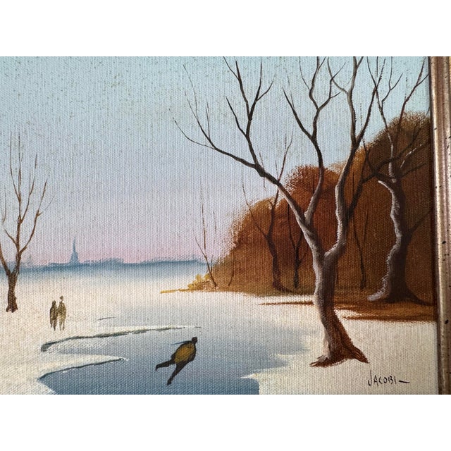 1980s Vintage Realism Impressionist Winter Landscape Oil on Canvas Painting by Jacobi For Sale - Image 5 of 10