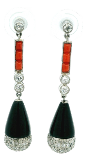 1990s Pair of French Art Deco Revival Platinum Diamond Coral Onyx Drop Earrings