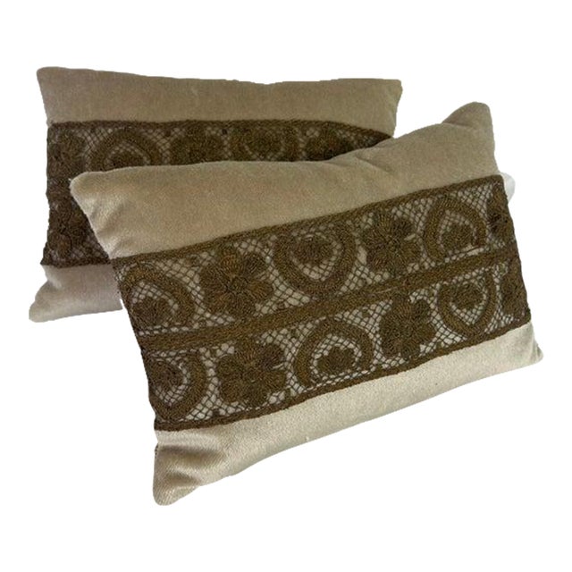 Pair of Metallic Lace & Velvet Pillows For Sale