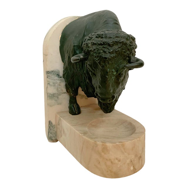 Vintage Cast Metal Bison Bookend With Marble Base, Bronze Finish For Sale