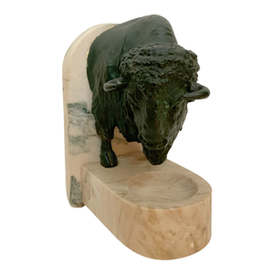 Vintage Cast Metal Bison Bookend With Marble Base, Bronze Finish