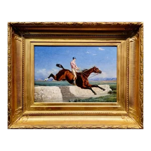 Bain-Jockey W/Horse Jumping Over the Ditch-19th Century Oil Painting