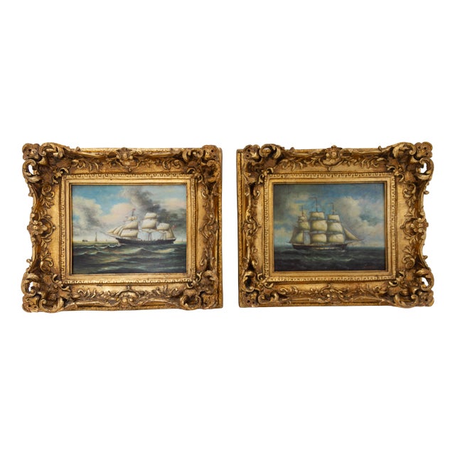 Sailing Ships, 20th Century, Oil Paintings, Framed, Set of 2 For Sale
