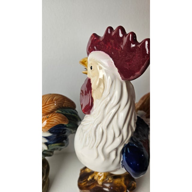 Ceramic Pair of Large Vintage Majolica-Style Ceramic Rooster Sculptures – 17" Tall For Sale - Image 7 of 11