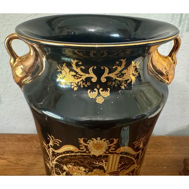 Vintage Limoges-Style Black & Gold Porcelain Vase - Hollywood Regency For Sale - Image 4 of 11
