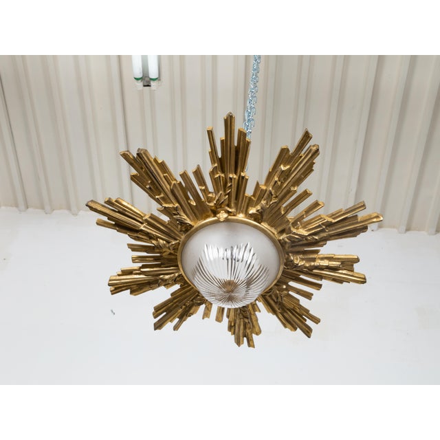 Pair of Gilt Bronze Midcentury Sunburst Light Fixtures with Frosted Glass For Sale - Image 9 of 12