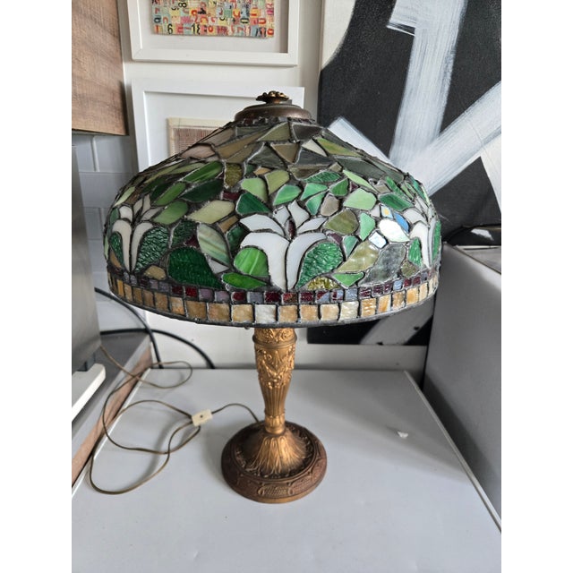 Arts & Crafts Period Signed Salem Brothers Leaded Glass Tiffany Style Lamp sold as found showing some cracks to a few...