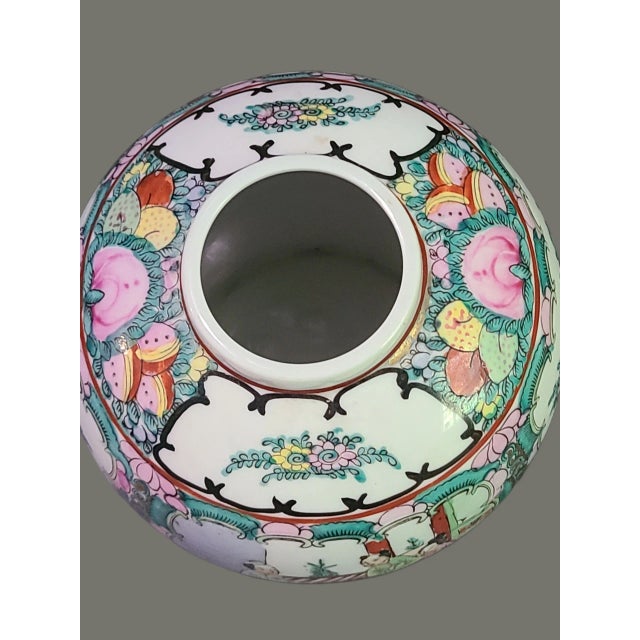 Ceramic Vintage Asian Chinoiserie Famille Rose Hand Painted Colorful Figural Floral Vase For Sale - Image 7 of 9