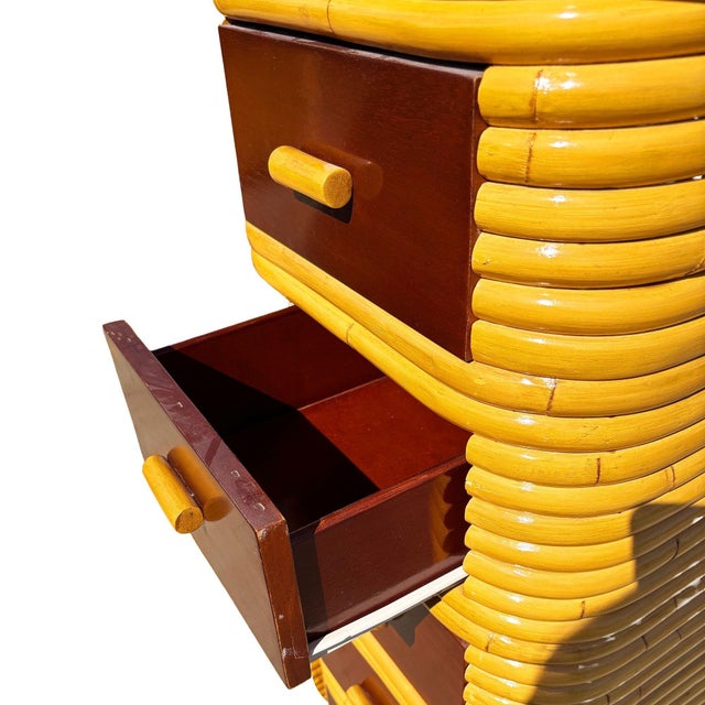 Yellow 1930s Restored Paul Frankl Style Stacked Rattan & Mahogany Petite Chest of 4 Drawers For Sale - Image 8 of 8