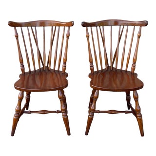 Vintage Henkel Harris Solid Black Cherry Braceback Windsor Dining Chairs - a Pair For Sale