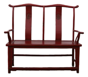 Early 20th Century Large Ming Style Red and Black Crackle Finish Double Yoke Back Bench