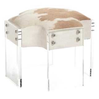Cedric Vanity Stool in Tan & White Cowhide with Clear Acrylic Frame For Sale