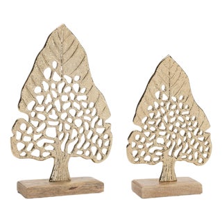 Modern Metal Leaf Tree on Wood Base (Set of 2) For Sale