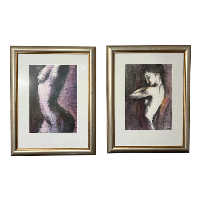 1980s Nude Woman Silhouette Original Painting, Matted and Framed - Set of 2 For Sale