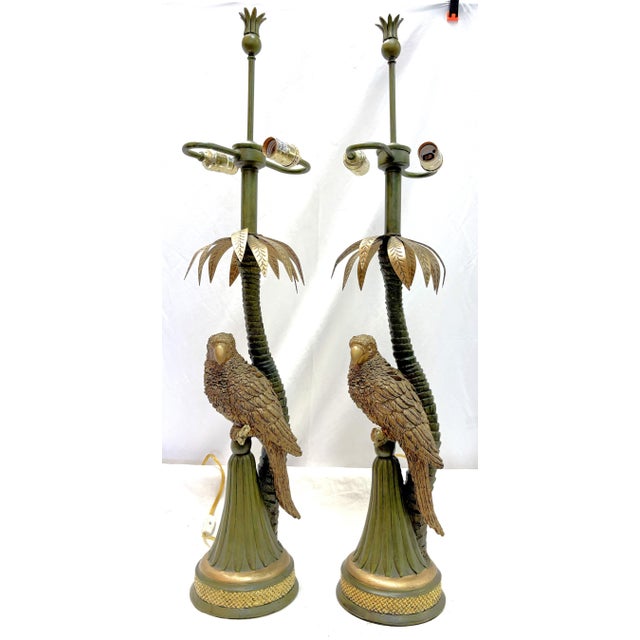 20th Century Palm Beach Chic Parrot and Palm Tree Lamps- A Pair For Sale - Image 4 of 18