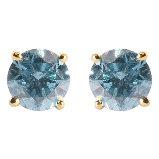 14K Yellow Gold 1.0 Cttw Treated Aqua Blue Diamond Classic Solitaire Stud Earrings (Aqua Blue Color, I2-I3 Clarity) For Sale
