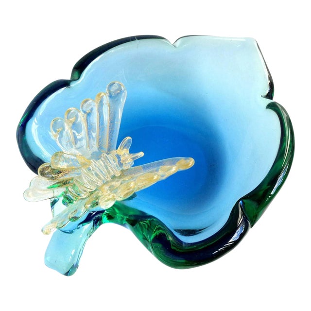 Vintage Murano Sommerso Blue Gold Flecks Butterfly Italian Art Glass Decorative Leaf Shape Bowl For Sale