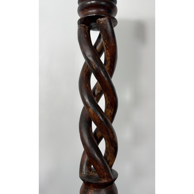 27-Inch Antique Hand-Carved Openwork Barley Twist Candlestick | 6" Diameter Base | Early 20th Century For Sale - Image 4 of 9