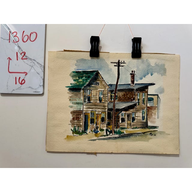 Henry Emil Salloch Original Watercolor on Paper Urban Tenement Houses With Wooden Telephone Pole, 1945. For Sale In Atlanta - Image 6 of 6