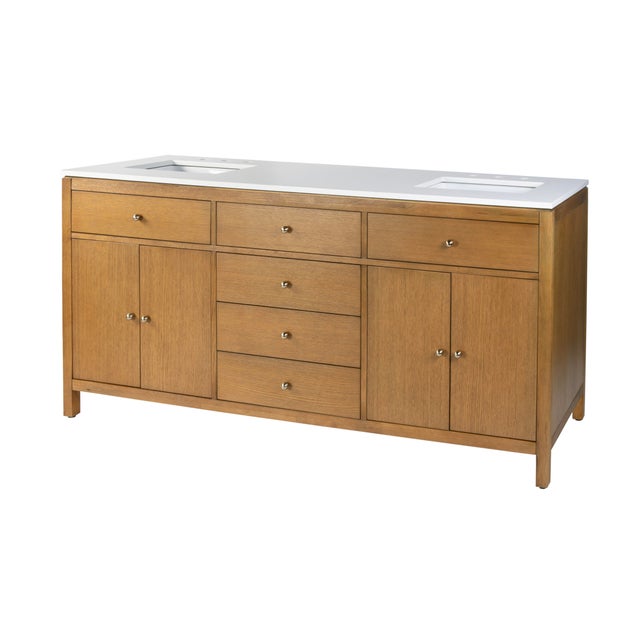 Traditional Nora 72 in. W Quartz and Wood Double Sink 4 Drawer Bathroom Vanity Set, Light Natural For Sale - Image 3 of 11