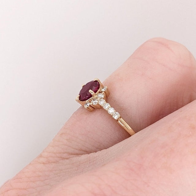 Contemporary Dainty Red Ruby Ring W Earth Mined Diamonds in Solid 14k Gold | Oval 5.3x4mm, Size 6.75 For Sale - Image 3 of 9