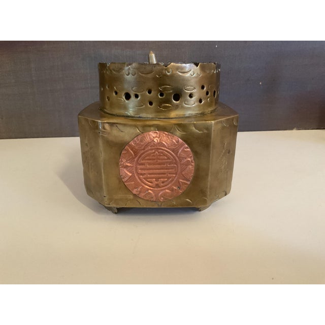 Metal Vintage Brass & Copper Chinese Incense Burner With Longevity Medallion For Sale - Image 7 of 13
