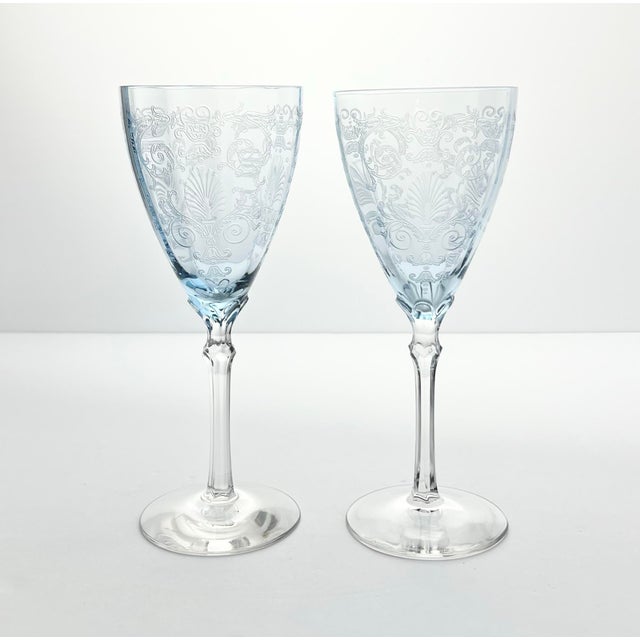 Fostoria “Versailles, Blue” Pair of Water Glasses 8 1/4” 10oz Good condition. No chips, cracks, or fleabites. Height 8...