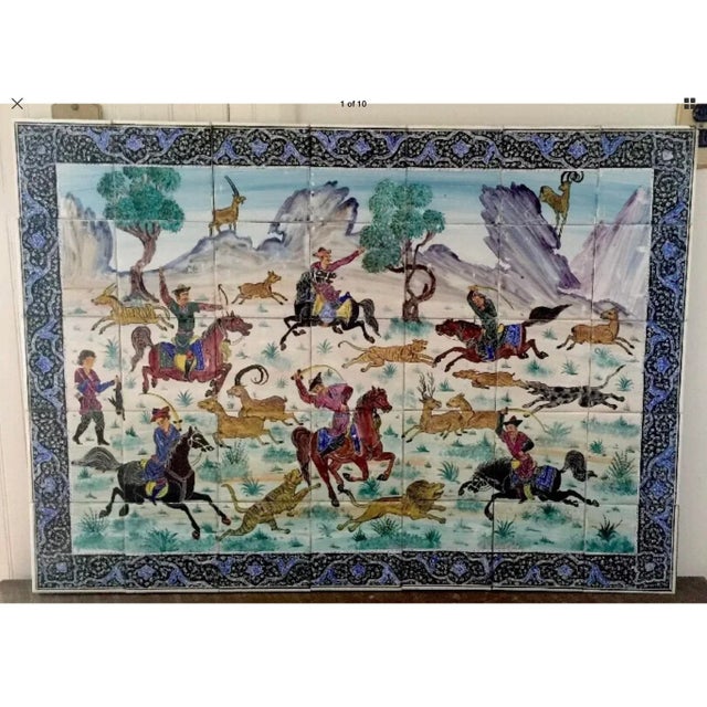 Blue Hand Painted Persian Tile Panel Hunt Scene / Persian Miniature Mosaic Art For Sale - Image 8 of 8
