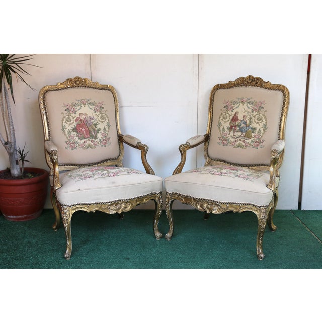 Antique Set of French Tapestry Gild Carved Gold Wood Arm Chairs Chairs & Sofa For Sale - Image 11 of 18