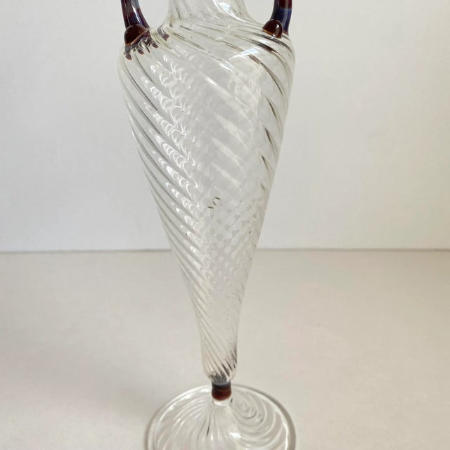 Murano Vintage Venetian Glass Vase Hand Blown Art Glass Calcedonio Handle Clear Swirl Attributed to Murano Glass For Sale - Image 4 of 13