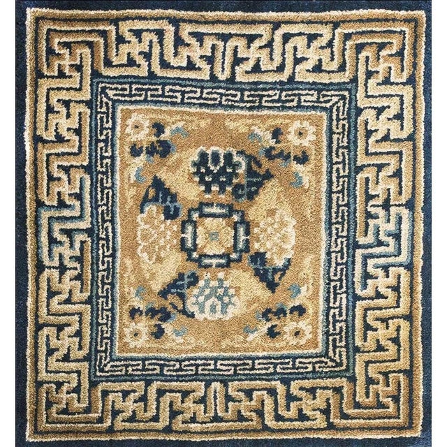 1870s Yellow Gold Medallion Antique Chinese Ningxia 2' X 2'2" Wool Knotted Carpet Rug For Sale - Image 9 of 9