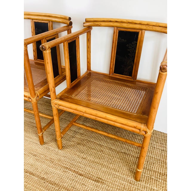 Vintage 1960s Pair of Asian / Chinoiserie Style Pagoda Chairs made of wood with rattan wrapping at joints meant to look...