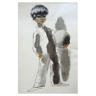 Gunars Vindedzis, A Boy with a Ball, 1969, Ink & Watercolor on Paper For Sale